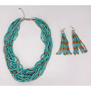 Multi-Strand Light Blue & Peach Glass Seed Bead Necklace & Tassel Earrings